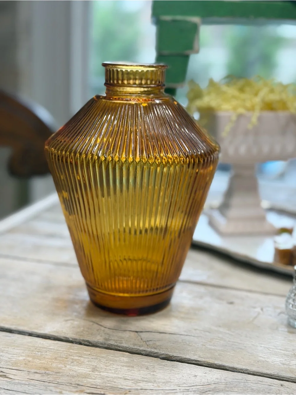 Vintage Amber Ribbed Glass Decorative Vase. Mid Century Modern | 1970’s | Retro